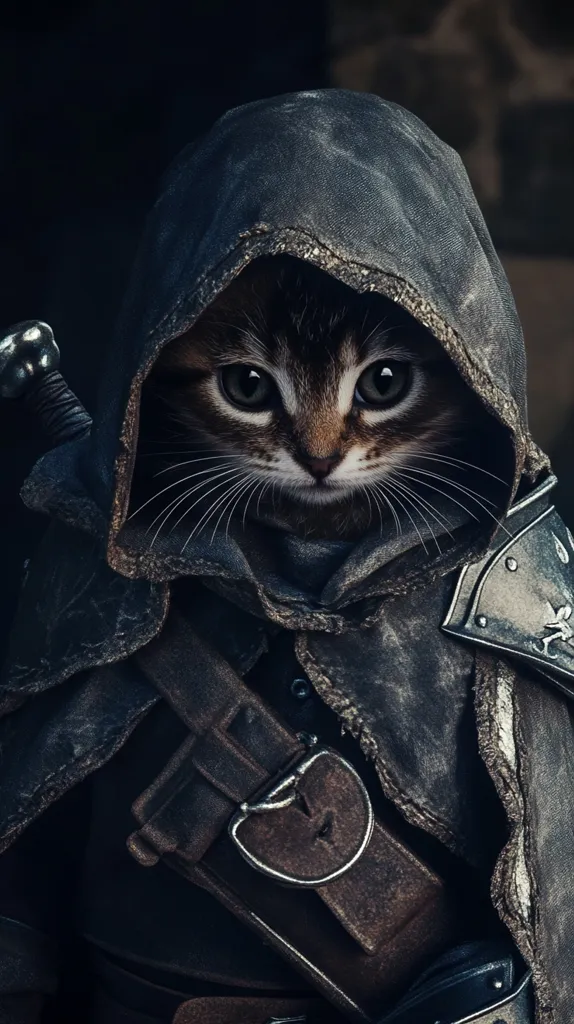 A small tabby cat with large green eyes is wearing a dark hooded cloak, resembling a medieval warrior. It has a leather belt with a metal buckle, and a sword is visible beneath it. The cat's fur is mostly black, but the tip of its tail is white. It is sitting in a dark, shadowy environment, creating a mysterious and slightly ominous mood.