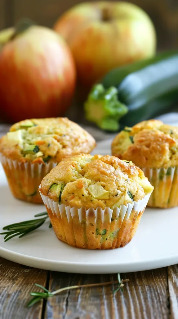 Three zucchini muffins are arranged on a white plate with a sprig of rosemary in front of them. Two apples, one red and one green, are out of focus in the background. There is also a green zucchini out of focus.  The muffins look delicious and homemade.