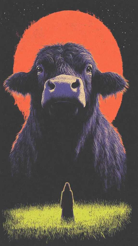 The image shows a large black bull silhouetted against an orange sun, which is set against a dark starry sky. The bull's head and part of its neck are visible, with its large, dark eyes staring straight ahead. A small, solitary figure in a long coat stands in a field of tall, yellow grass in the foreground. The image has a mystical and somewhat foreboding atmosphere.