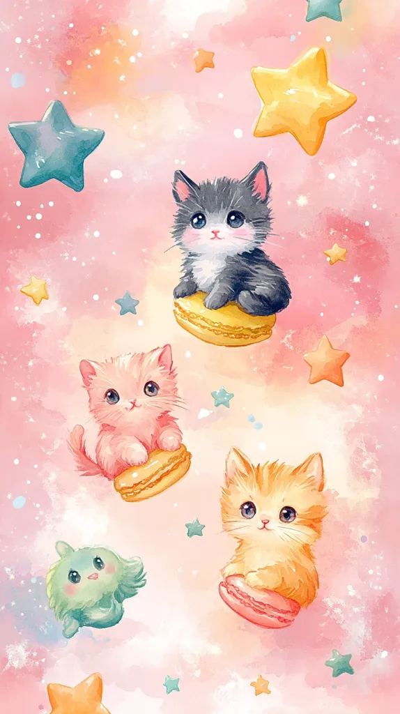 A pink, watercolor background features three adorable kittens, each riding on a macaron. One kitten is gray and white, another is pink, and the third is orange. Stars of various colors are scattered throughout the background, creating a whimsical and magical atmosphere. The image is a celebration of cuteness and innocence.
