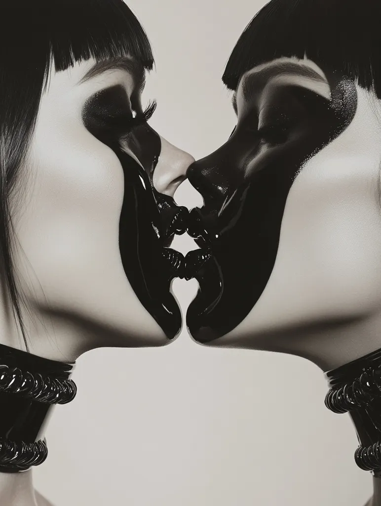 Two women with black hair and dark makeup, their faces painted in contrasting black and white, are about to kiss.  They are wearing black collars that add a touch of edginess. The image has a stark, dramatic feel, emphasizing the contrast between light and dark.  Their eyes are closed, suggesting an intimate moment.