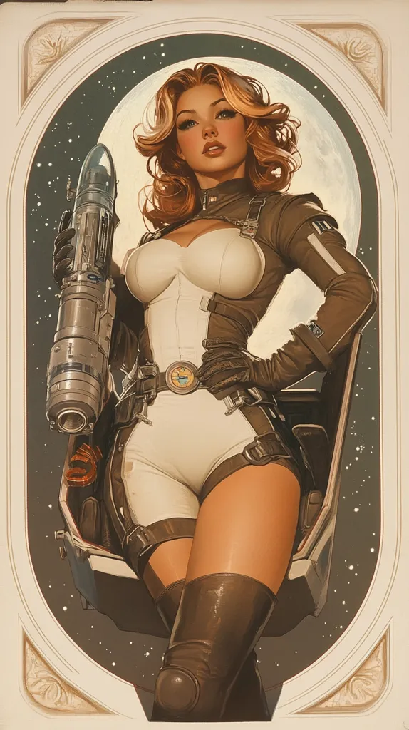 A woman with long blonde hair, dressed in a white jumpsuit and brown boots, stands confidently in a spaceship. She holds a large silver weapon in her left hand, her right hand resting on her hip. The background features a starry sky and a circular frame. The image conveys a sense of power and adventure, perhaps depicting a space explorer or a warrior.