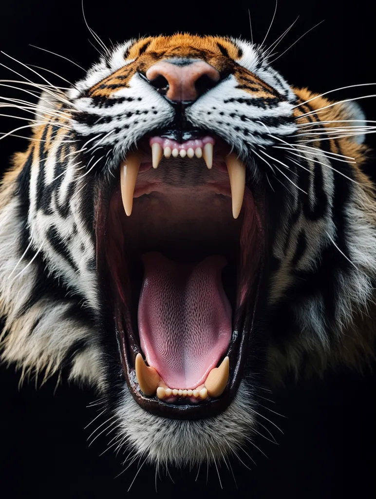 A tiger's face fills the frame, its mouth wide open in a menacing roar. Its sharp teeth are bared, and its pink tongue protrudes. The black background highlights the tiger's orange and black stripes and the intensity of its expression. The whiskers around its mouth add to the wild and powerful image.