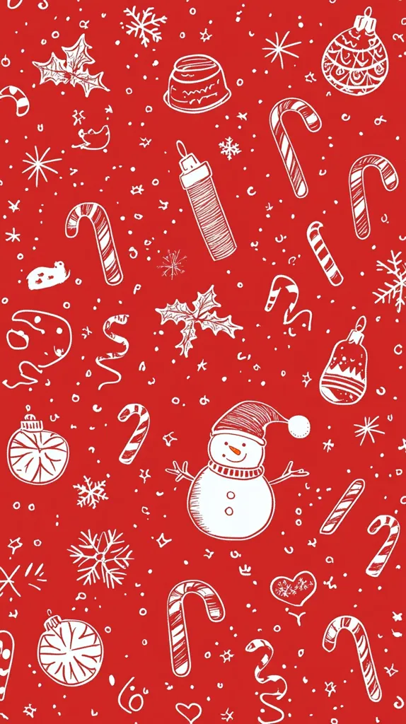The image is a red background with various white Christmas-themed illustrations. There are snowmen, candy canes, ornaments, snowflakes, holly leaves, and other festive objects.  The white designs are scattered across the red background, creating a festive and whimsical pattern.