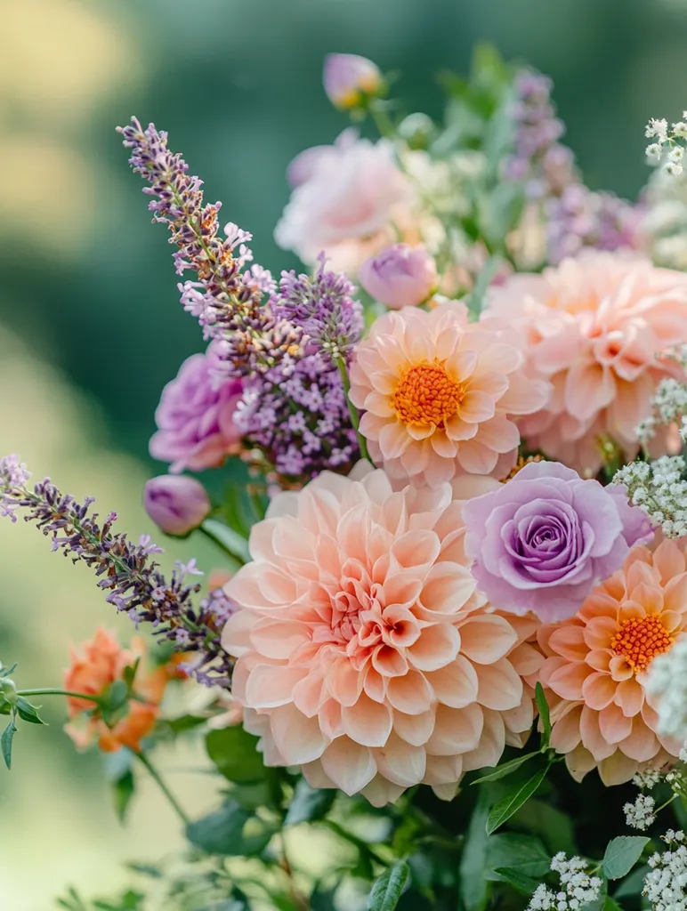 A vibrant bouquet of flowers, predominantly pink and purple, is displayed against a soft green background. The bouquet features a variety of blooms, including delicate lavender, lush dahlias, and a single, prominent purple rose. The intricate details of each flower are highlighted, showcasing the beauty of nature's artistry.  The overall effect is one of vibrant life and delicate beauty.