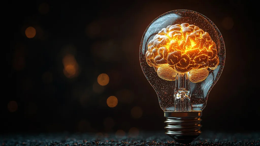 A glowing, incandescent light bulb with a human brain inside.  The brain is the focus of the image, with its intricate network of neurons and folds visible.  The light bulb is set against a dark background with warm, blurry lights.  The image suggests a connection between thought, intelligence, and illumination.
