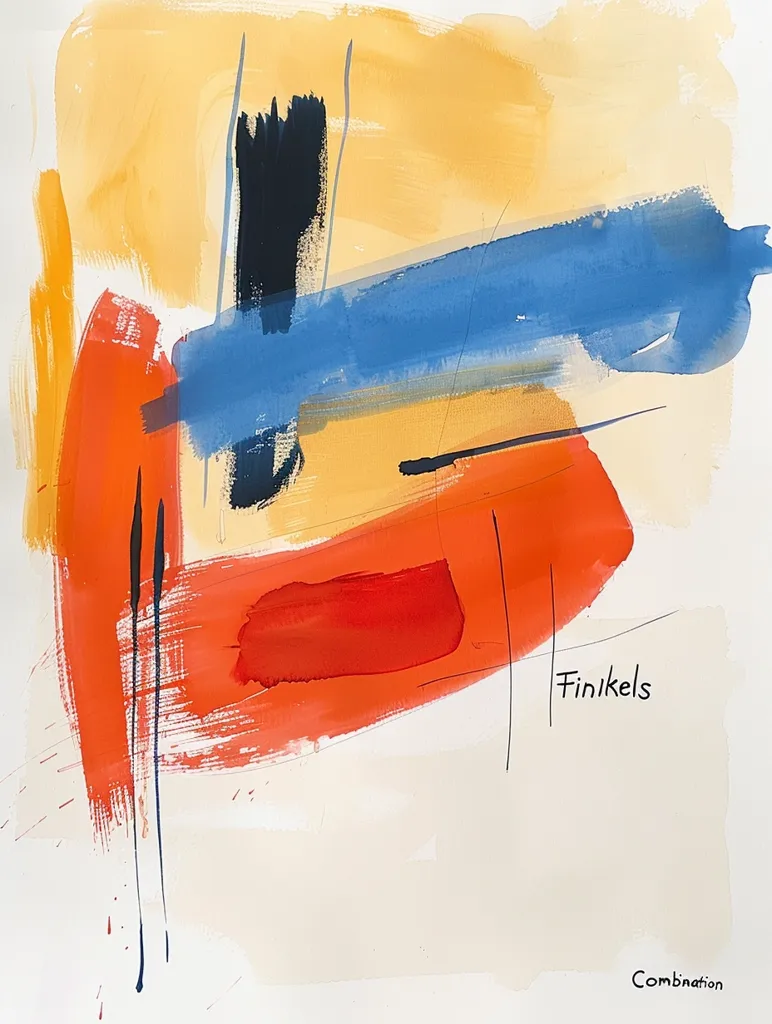 An abstract painting with bold strokes of blue, red, orange, and black on a white background. The colors are vibrant and contrasting, creating a sense of energy and movement. The artist's signature and the title "Combination" are visible in the lower right corner. The overall effect is one of simplicity and elegance.