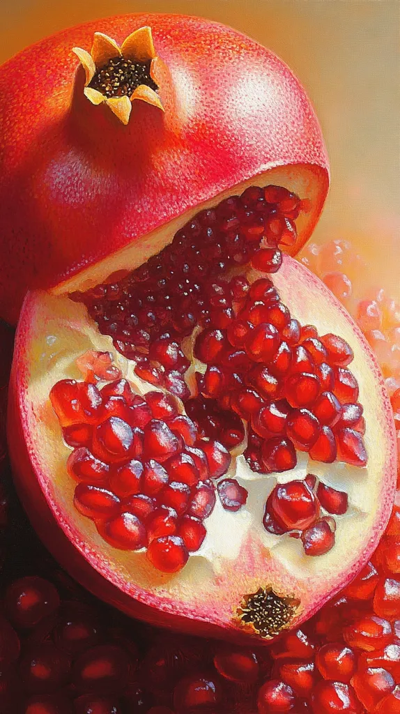 A halved pomegranate sits on a bed of its ruby red seeds. The fruit's skin is a deep red, and the seeds are glistening with a natural shine. The texture of the fruit is evident, with the seeds tightly packed together and the skin showing slight wrinkles. The image focuses on the beauty of the pomegranate and its intricate details.  The background is out of focus, adding a dreamy quality to the image.