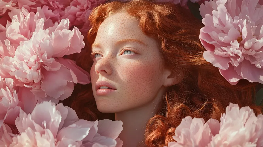 A young woman with long, curly red hair lies on a bed of pink peonies. She has freckles and rosy cheeks, her eyes are closed, and her lips are slightly parted. The soft petals of the flowers surround her face, creating a delicate and romantic atmosphere.  The light catches her face, highlighting her features.