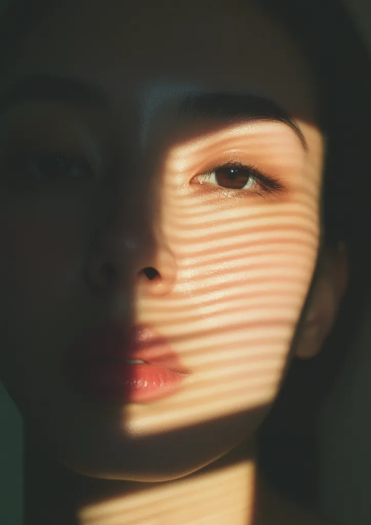A close-up of a person's face, half of which is in shadow and the other half illuminated by light filtering through a window blind. The light creates horizontal stripes on the skin, highlighting the eye and the full lips. The image has a soft, ethereal feel.