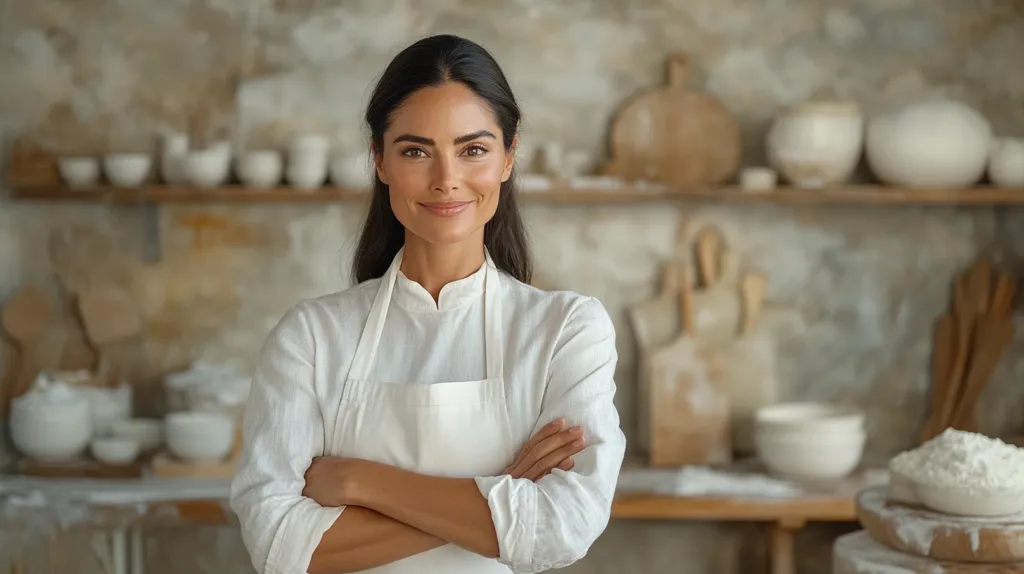 A woman with long dark hair smiles confidently at the camera. She wears a white collared shirt, a white apron, and her arms are crossed. The background is a rustic kitchen with shelves of pottery, wooden utensils, and bowls of white flour. The setting evokes a sense of home baking and artisanal craft.