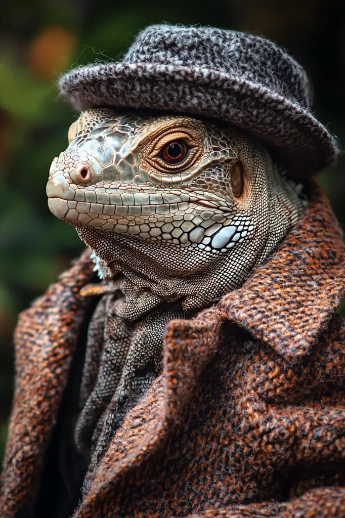 A green iguana, sporting a tweed hat and matching coat, looks directly at the viewer. The reptile's scales are visible and the coat is textured. The background is blurred, leaving the focus on the iguana.  The image is whimsical and humorous, portraying the iguana in a dapper and unexpected fashion.
