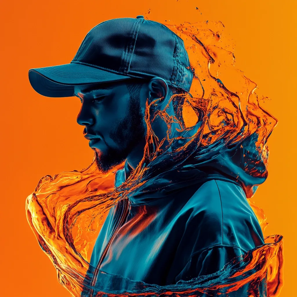 A man in a dark blue baseball cap and jacket stands against an orange background. He is looking down and has a beard. His body is surrounded by a swirling stream of water rendered in a bright orange color. The image has a dramatic and colorful feel, reminiscent of a stylized portrait.