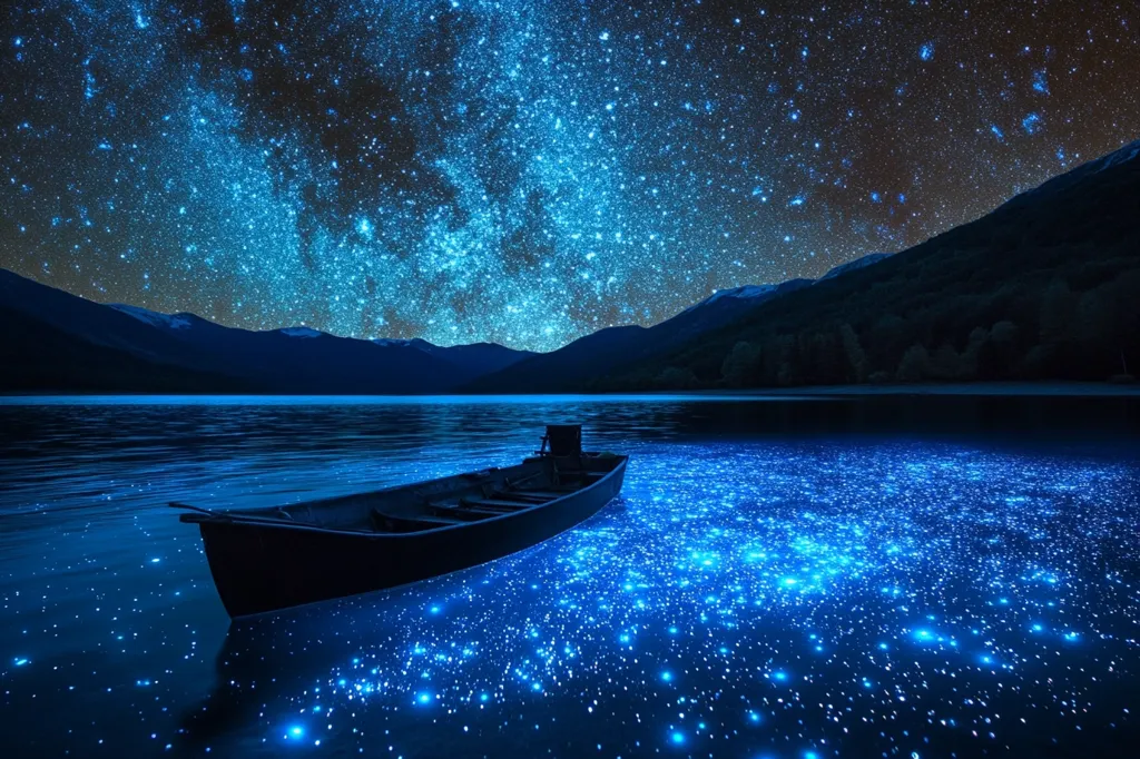 The image depicts a serene night scene with a dark silhouette of a rowboat floating on a calm lake. The lake is illuminated by a mesmerizing display of bioluminescent plankton, creating a celestial-like effect. The sky above is adorned with a breathtaking tapestry of stars, adding to the ethereal beauty of the landscape. The surrounding mountains and trees are shrouded in darkness, enhancing the contrast and highlighting the vibrant glow of the water.
