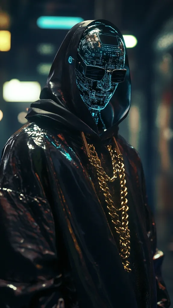 A person wearing a black hooded jacket and a futuristic, glowing, circuit board mask stands in a dimly lit environment. The person is also wearing a thick gold chain necklace. The image has a dark and mysterious aesthetic.