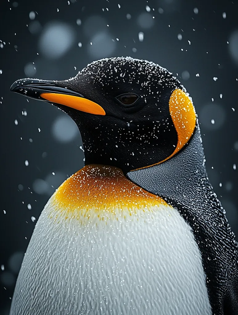 A close-up of a king penguin's head and neck.  The bird's black and white feathers are covered in tiny white snowflakes. Its orange beak and black eyes are prominent, looking straight ahead. The background is blurred, showing the snow falling.