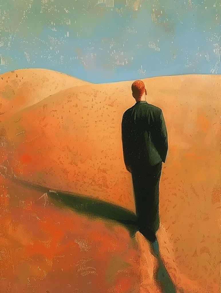 A lone man in a black suit walks across a vast, sandy desert under a clear, blue sky. The man's face is obscured, and he walks away from the viewer,  His destination is unknown but he seems determined and alone. The sun casts long shadows on the sand, highlighting the vastness and emptiness of the landscape. The painting evokes a sense of isolation and mystery.