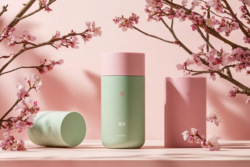 Three cylindrical containers with a light green body and a pink lid are displayed against a pink background. The containers are arranged in a line with the tallest one in the center.  The container in the center has a small red symbol and Chinese characters printed on the body. A delicate branch with pink blossoms gracefully extends over the containers. The image evokes a sense of tranquility and elegance.