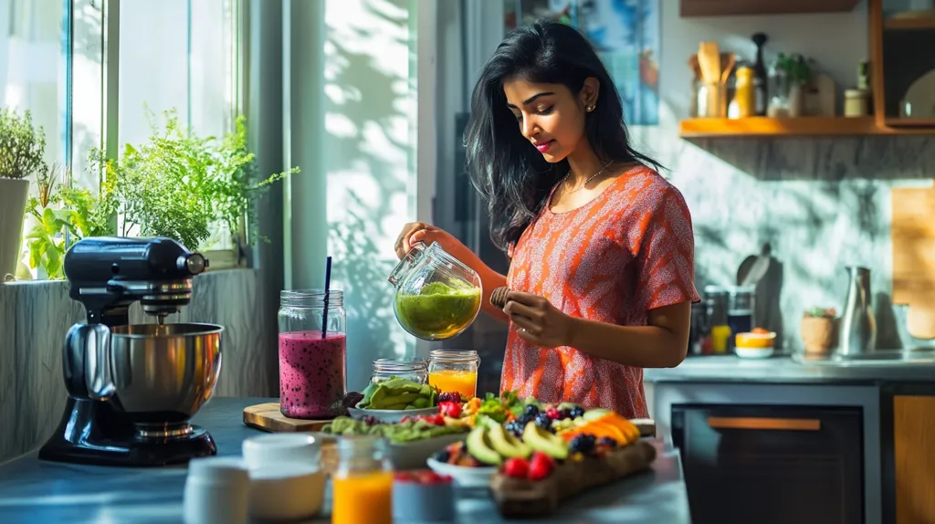 A woman in an orange dress pours green juice from a glass pitcher into a glass on a table with a fruit platter, a bowl of green beans, and a jar of purple smoothie. A stand mixer is on the counter and a window is behind her.  The kitchen is bright with sunlight.