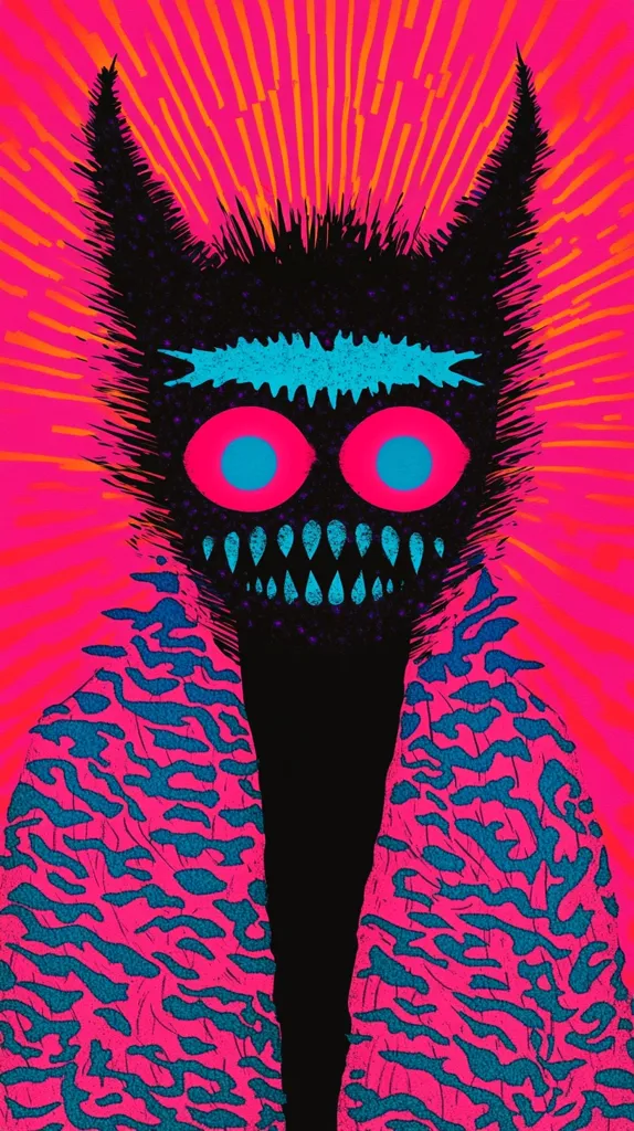 The image features a monstrous creature with black fur, large blue eyes, and a toothy grin. The creature is wearing a pink and blue patterned fur coat. The background is a bright pink with orange stripes emanating from the creature's head. The overall mood is menacing and psychedelic.
