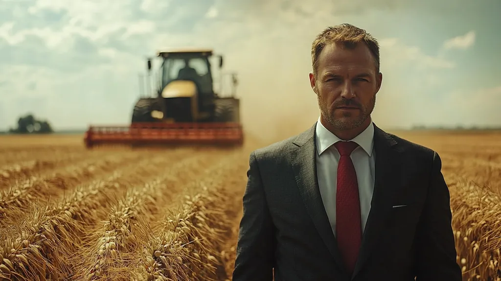 A man in a sharp suit and red tie stands in a field of golden wheat, looking directly at the viewer. A tractor, partially obscured by dust, is moving away in the background. The scene evokes a sense of power and control, perhaps suggesting the man's influence over the agricultural industry.