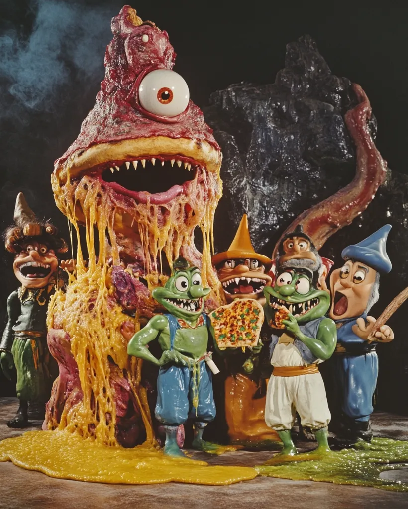 A grotesque, melting, red monster with one eye and a gaping mouth stands center stage, surrounded by a group of small, puppet-like characters.  They are all made of clay or similar materials, and they have various expressions on their faces. One of the characters holds a slice of pizza, while others hold staffs or look at the viewer.  The scene appears to be from a dark, comedic fantasy setting.  A large, rocky structure looms in the background, with a thin, tentacle-like appendage reaching towards the foreground. The floor is covered in a yellow slime.