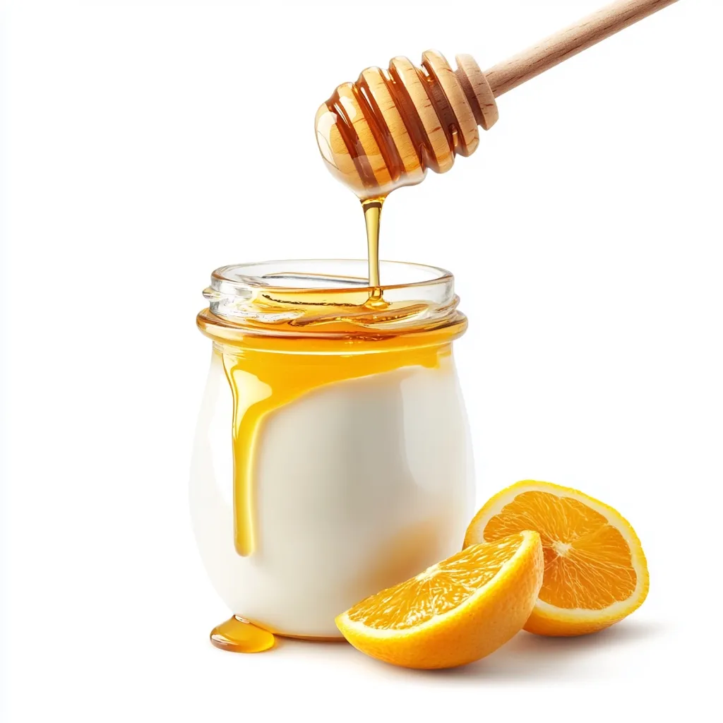 A glass jar of milk with honey dripping down the side. A wooden honey dipper is positioned above the jar, with honey flowing from it. Two orange slices sit next to the jar,  creating a bright and delicious scene.  The image is set against a clean white background.
