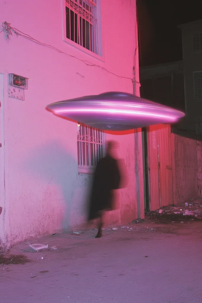 A blurry, silver UFO hovers above a pink-lit building. The blurry figure of a person walks away from the UFO, leaving behind a dark shadow. The image is shot in an urban environment, with visible debris on the ground. The lighting is soft and the colors are muted, giving the image a dreamlike quality.