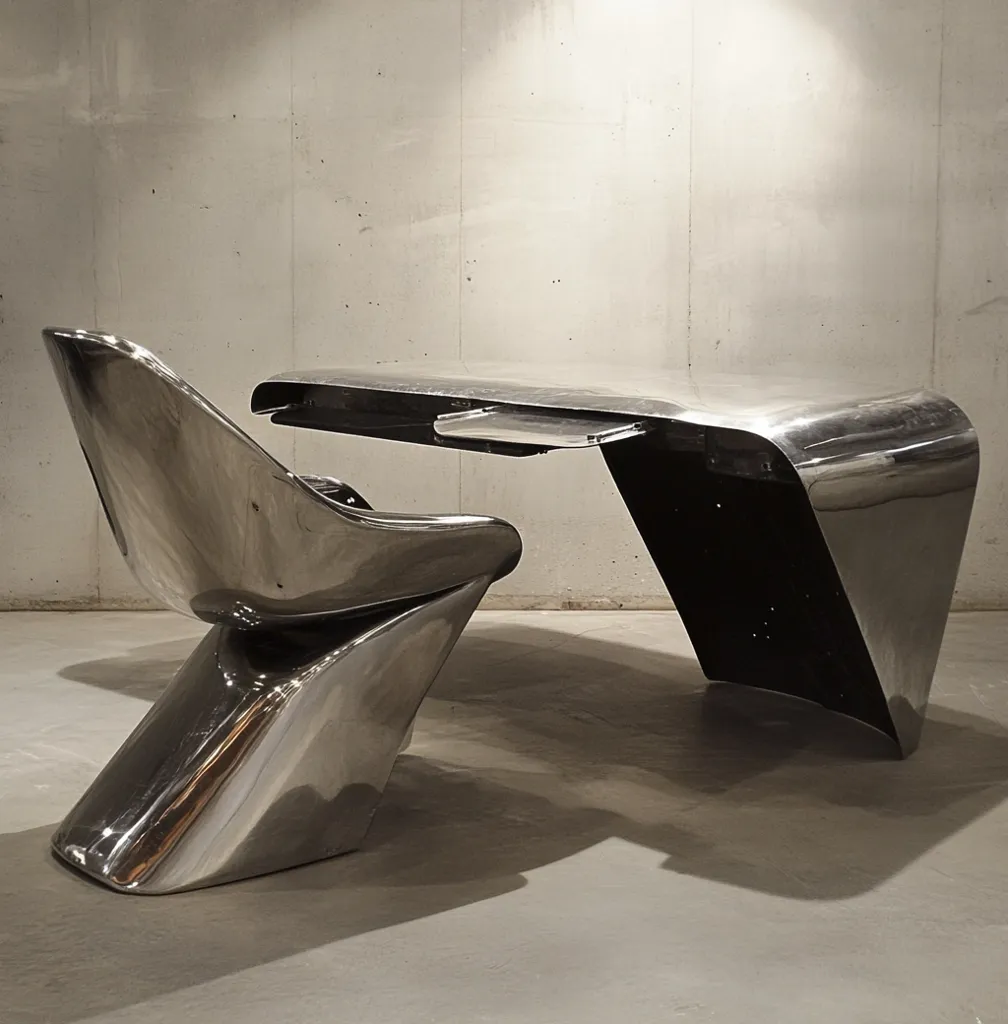 A sleek, silver desk and chair set, both constructed from a smooth, reflective material. The desk has a curved, futuristic design, with a flat surface and a built-in drawer. The chair is similarly shaped, with a back that curves upwards. The pieces are placed on a concrete floor, with a wall behind them.  The polished surfaces reflect light and create a sense of modernity.