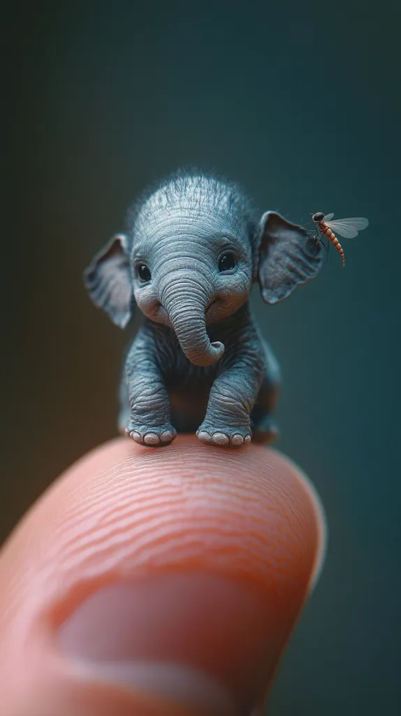 A tiny, grey elephant calf sits on a human finger, its trunk curled up and its big, dark eyes looking directly at the viewer. A small, red dragonfly hovers near the calf's ear, creating a whimsical scene of miniature proportions.  The image is likely a digital creation, but the detail and realism bring the scene to life.