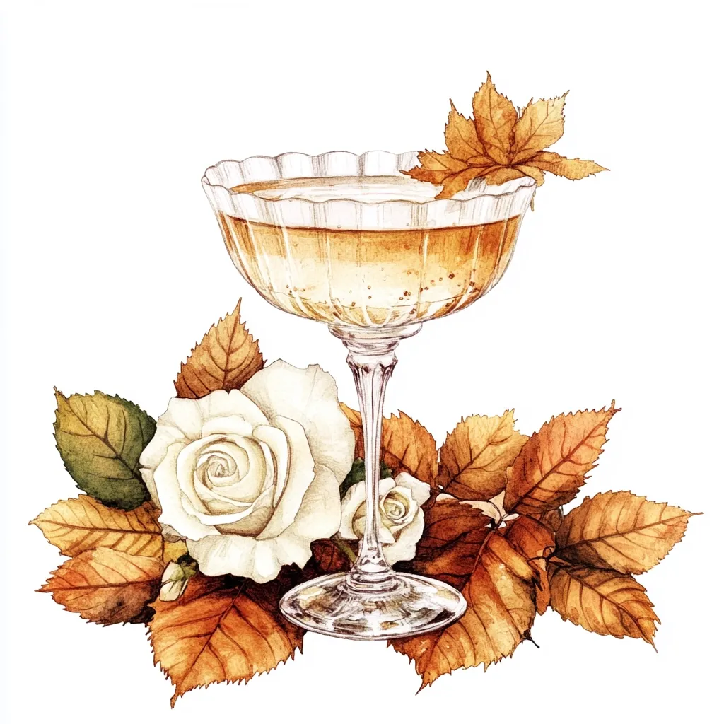 A delicate, clear glass of champagne with a single, small fall leaf resting on the rim of the glass sits atop a bed of autumn leaves and two white roses. The glass is on a white background. The artwork is painted in watercolor.