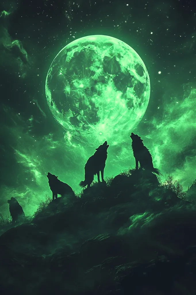 The image shows a dark, atmospheric scene with a large, green moon in the sky. Three wolf silhouettes are howling at the moon on a rocky hilltop. The scene is bathed in a ghostly green light, creating an eerie and mysterious atmosphere. The image evokes a sense of solitude, wildness, and the power of nature.