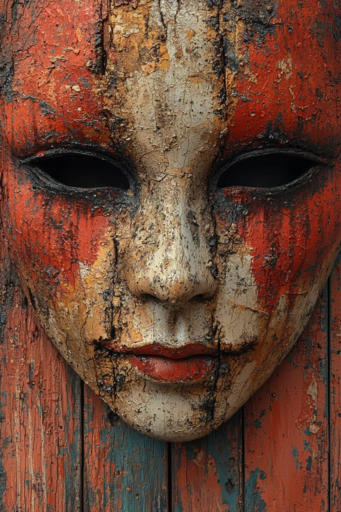 The image shows a close-up of a weathered wooden mask. The mask is painted in shades of red, orange, and white, with deep cracks and lines running through the paint. The eyes are black and hollow, and the mouth is slightly parted in a silent expression. The mask is positioned against a weathered wooden backdrop, creating a sense of age and decay.