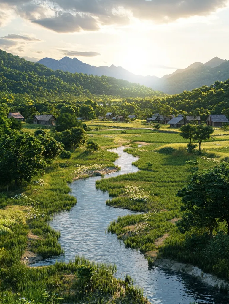 A winding river snakes through a lush green valley nestled between rolling hills. The sun casts a warm glow over the landscape, illuminating a small village of wooden houses nestled amongst the trees.  The scene is peaceful and idyllic, a tranquil escape from the hustle and bustle of modern life.