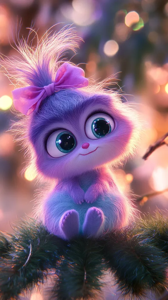 A fluffy, purple creature with large, expressive eyes sits on a branch. It has a pink bow in its fur and a sweet, innocent expression. The background is blurry and filled with warm, golden lights, creating a whimsical and magical atmosphere.