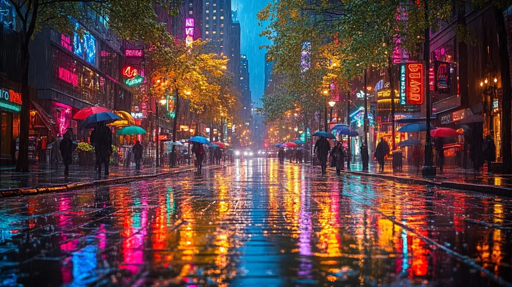 A rainy night in a city, with glowing neon signs reflected in the wet pavement. People walk under umbrellas down the street, illuminated by the colourful lights. The buildings on either side are tall and sleek, with trees lining the sidewalk. The atmosphere is calm and peaceful, despite the rain.