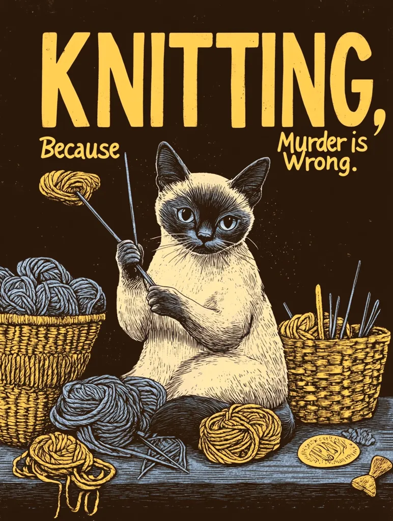 A humorous poster features a cat knitting with needles and yarn. The caption reads "Knitting, because murder is wrong." The image is drawn in a vintage style with a black background and yellow lettering.  Several balls of yarn and knitting needles are scattered around the cat.  The cat appears to be a Siamese breed.  The poster is a playful take on the idea that knitting is a more peaceful hobby than murder.