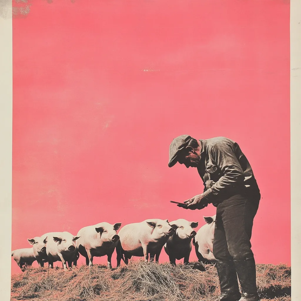 A man in a flat cap and overalls bends down to look at something on his phone. He is standing in front of a line of five white pigs, all looking at him, against a pink sky. The image is a humorous juxtaposition of traditional farming and modern technology.