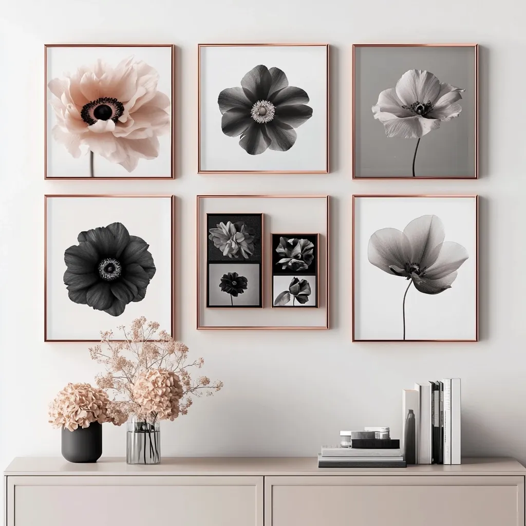 A white wall displays six black and white photographs of various flowers, framed in rose gold. The pictures are arranged in a grid pattern. A bouquet of dried flowers sits in a clear vase on a long, light gray dresser. The dresser has books and small boxes stacked on the right side. The image is simple, elegant, and minimalist.