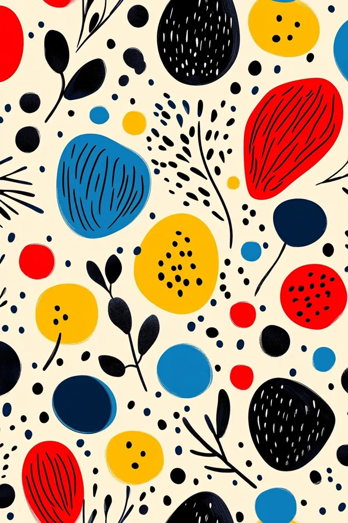 The image is a colorful, abstract pattern. It features a variety of shapes, including circles, ovals, and leaves, in red, yellow, blue, black, and white. The background is a light cream color. The shapes are arranged in a random, organic pattern. The overall effect is whimsical and fun.