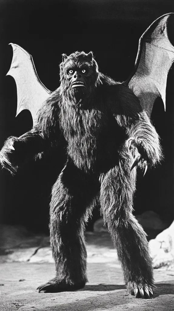A large, furry creature with bat wings stands against a dark background. It has a human-like face with large eyes and a wide mouth. It is standing on a light-colored surface, its paws clearly visible. The image has a vintage, grainy quality.  The creature appears to be menacing and powerful.  The image evokes a sense of danger and the unknown.