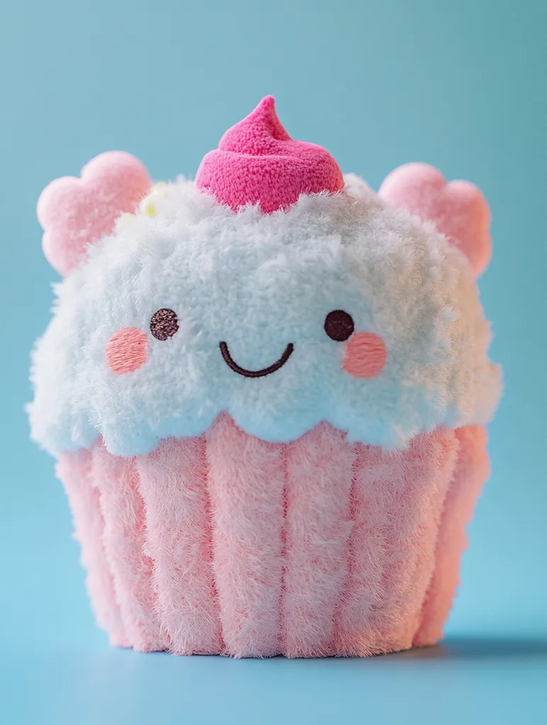 A fluffy pink and white cupcake plush toy sits on a light blue surface. It has a pink frosting swirl on top and a smiling face.  The cupcake has a heart-shaped side detail, adding to its adorable charm. It's a soft and cuddly toy perfect for children or anyone who loves cupcakes.