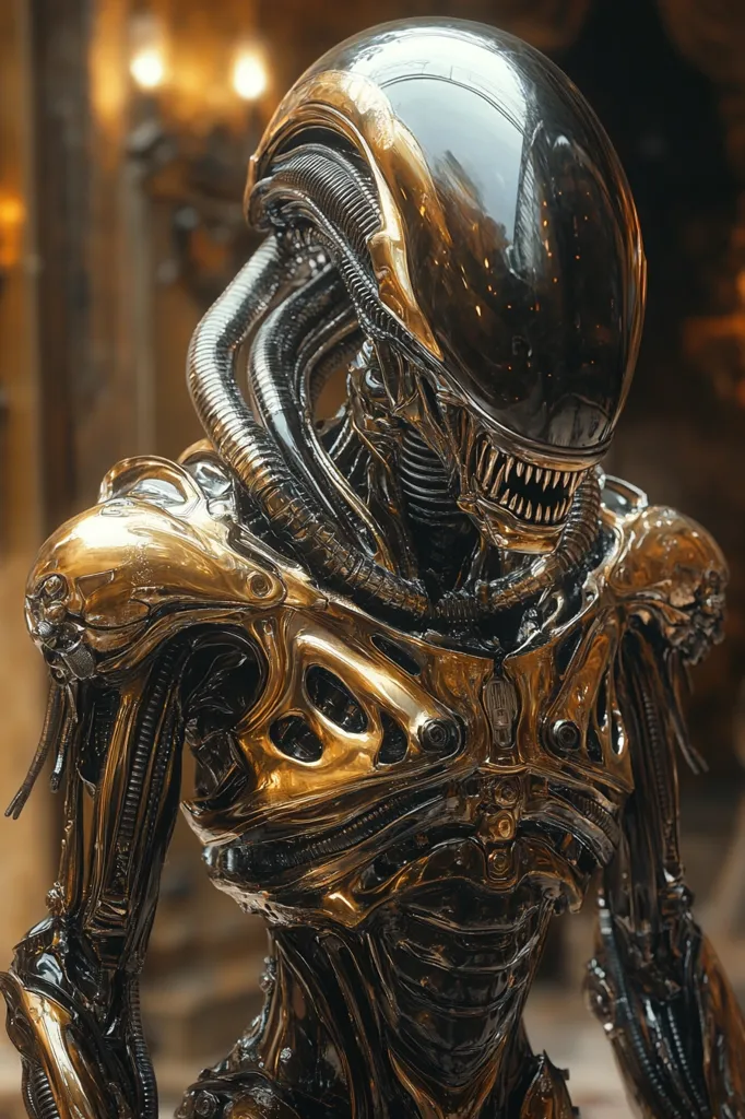 A close-up of a metallic, humanoid alien with a black, shiny helmet with a gold trim. The alien's body is covered in intricate, metallic plates that are both black and gold. The creature has a sharp, pointed jaw, and its eyes are not visible. The background is blurred and appears to be a dimly lit interior.  The alien's features give it a menacing and otherworldly appearance.