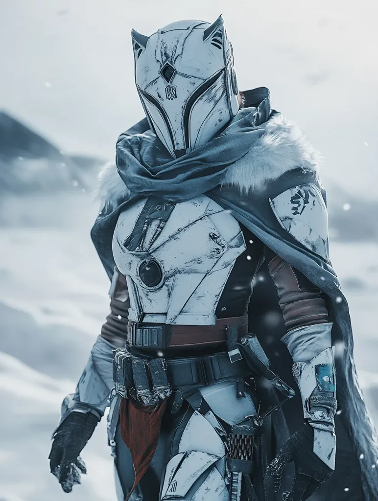 A figure clad in white armor and a blue cloak stands in a snowy landscape. The armor is heavily weathered and worn, giving it a rugged and battle-hardened appearance. The figure's helmet is distinctive, with a cat-like design and a visor that covers the entire face.  The background is a blur of white, emphasizing the figure's imposing presence.