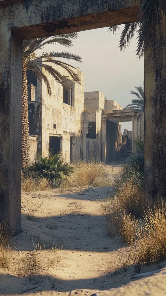 A view through a crumbling concrete doorway reveals a dusty path leading towards a dilapidated building. The building, with its cracked walls and broken windows, stands as a stark reminder of a past life. Overgrown with desert vegetation, the scene paints a picture of abandonment and decay. The harsh sunlight casts long shadows, adding to the sense of isolation.