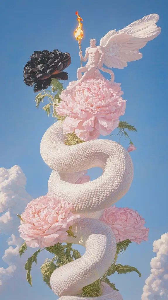 A white snake coils around pink peonies against a blue sky with white clouds. A white angel with wings holds a flaming torch and sits atop a peony. A single black peony blooms below the angel. The scene is surreal and ethereal, showcasing the beauty and power of nature.