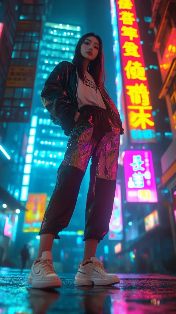 A young woman stands confidently in the middle of a neon-lit city street. Her long, black hair cascades down her shoulders as she wears a stylish jacket, iridescent pants, and white sneakers. The vibrant glow of the surrounding signs and buildings creates a captivating atmosphere, enhancing the overall sense of urban energy.  The woman's posture and expression radiate an aura of coolness and self-assurance.