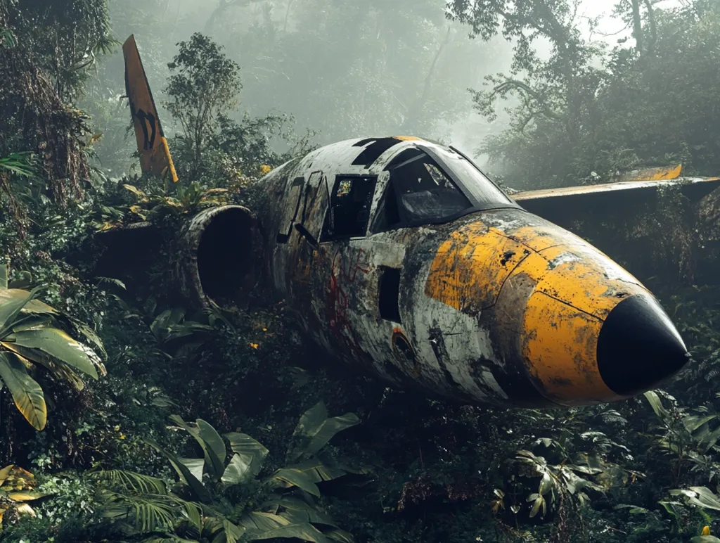 A weathered, yellow and white fighter jet lies half-submerged in dense jungle foliage. The aircraft is overgrown with vines and plants, its cockpit obscured by vegetation. The misty atmosphere and the overgrown state of the jet suggest it has been abandoned for a long time. The scene evokes a sense of mystery and decay.