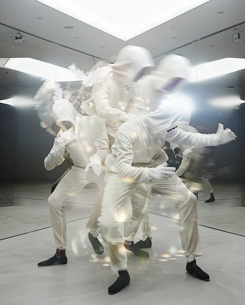 Four figures in white clothing are positioned in a mirrored room. The figures appear to be performing some kind of dance or ritual. The bright white clothing and the clean, minimalist setting give the image a surreal and otherworldly feel. The light reflecting off the mirrors creates a sense of depth and dimension.