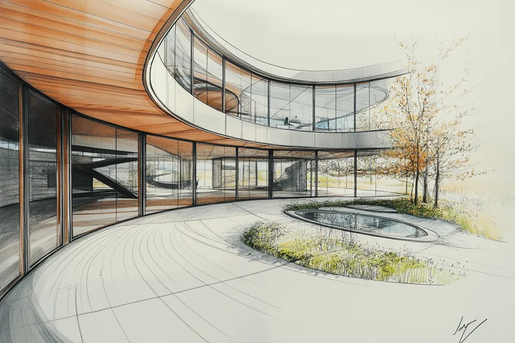 A pencil and watercolor sketch depicts a modern, minimalist home with a curved exterior. The home is surrounded by a landscaped courtyard with a pond and a tree. The interior is visible through large windows, showing a sleek and airy design. The sketch is done in a realistic style, capturing the architectural details and the natural beauty of the surroundings. The artist's signature appears in the bottom right corner.  The overall effect is one of peacefulness and elegance.